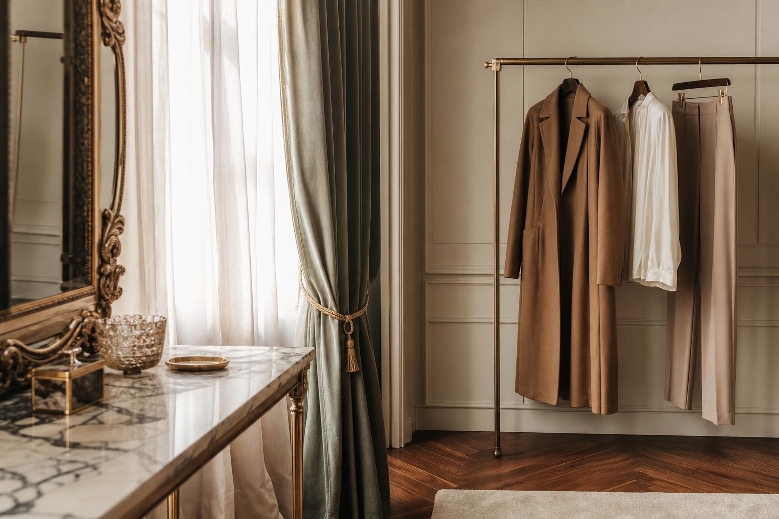A high-end private dressing room with a marble console, gilt mirror, velvet curtains and a brass rack of curated pieces