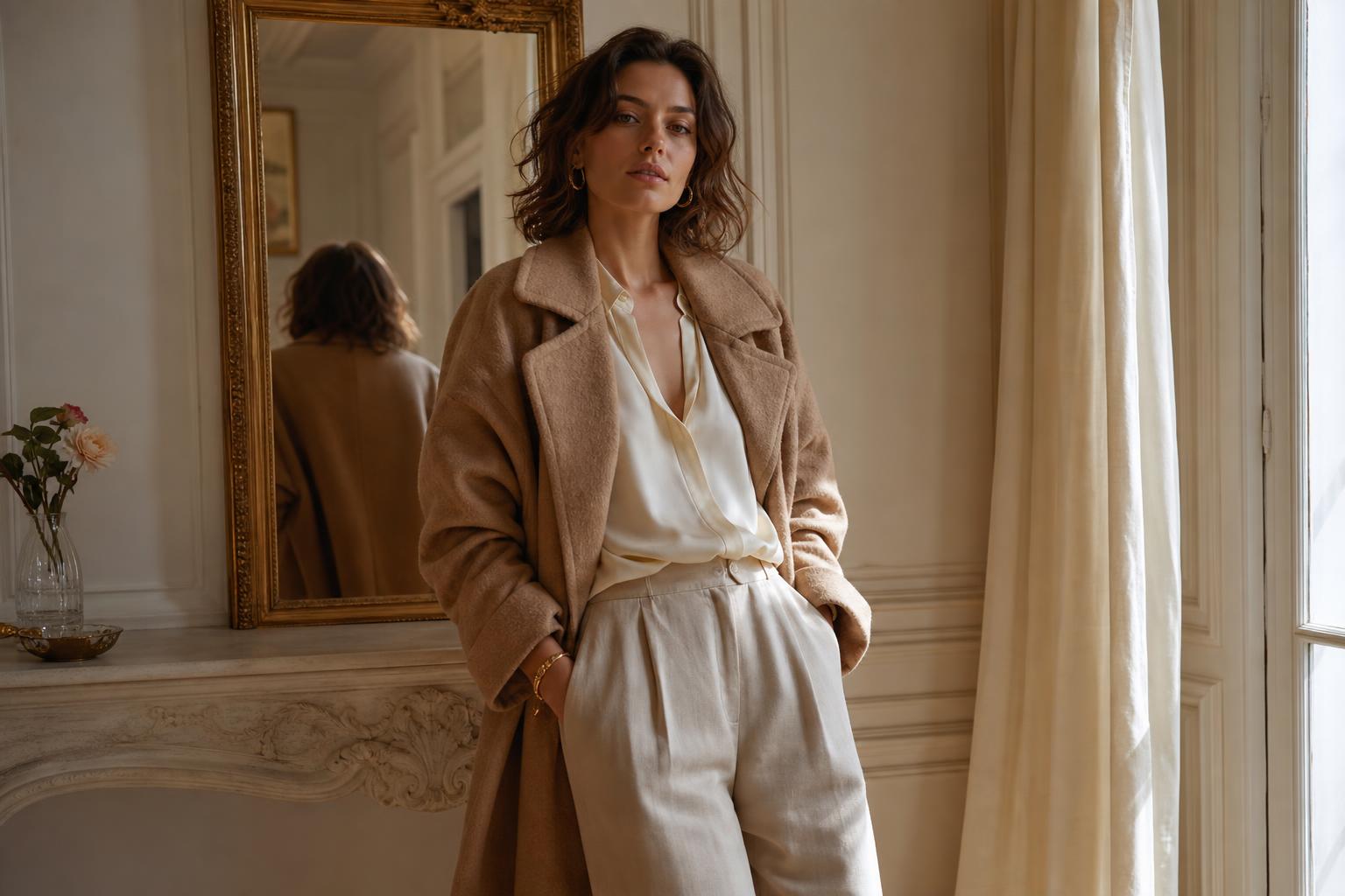 Editorial fashion portrait of a woman in a camel coat and silk blouse in a sunlit Parisian dressing room