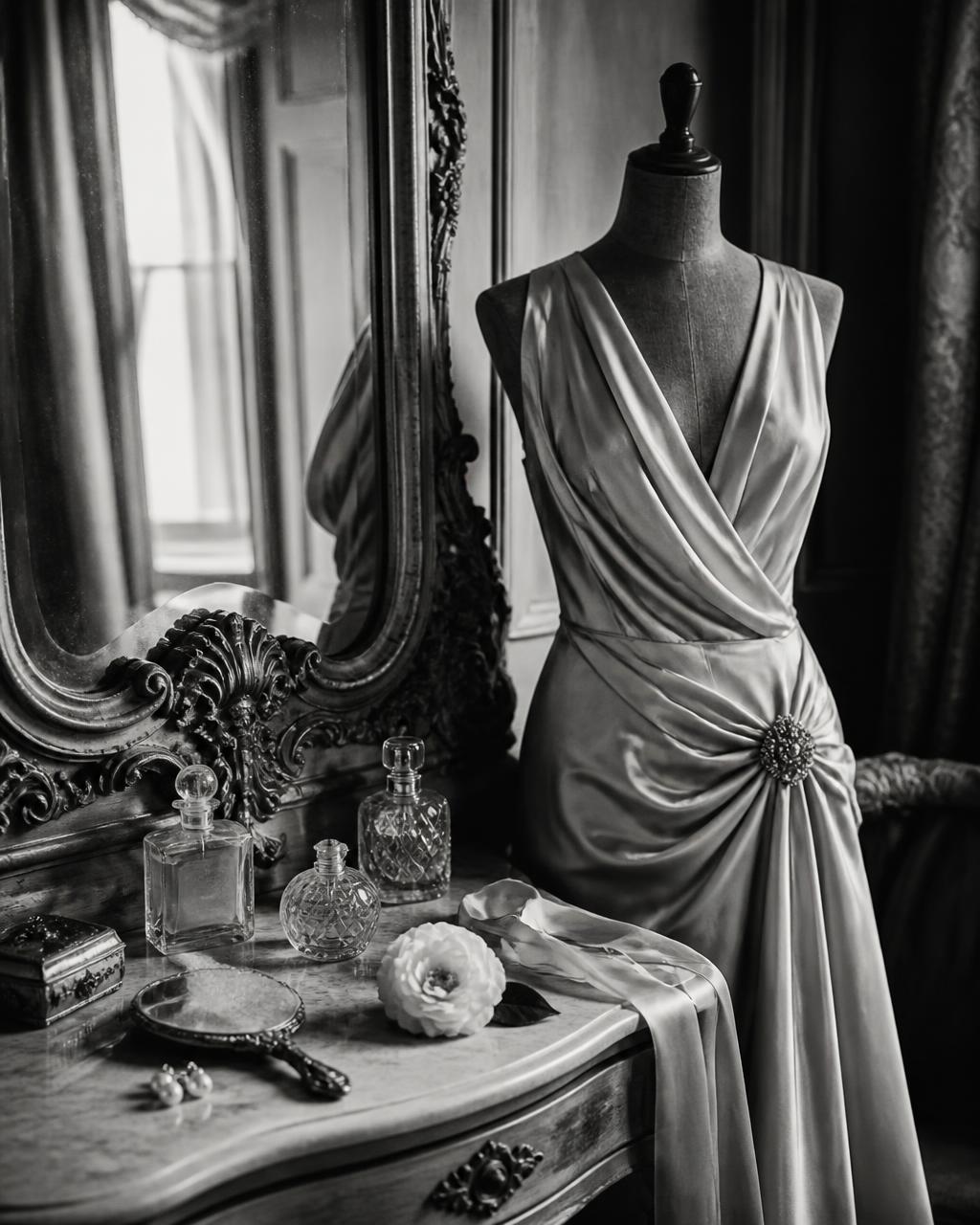 Black-and-white vintage dressing room still life with a silk evening dress, antique mirror and perfume bottles